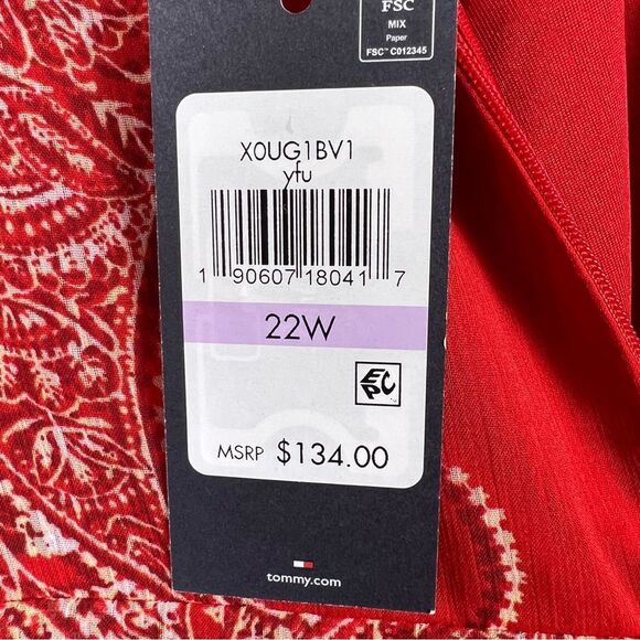 Tommy Hilfiger Red Paisley Fit Flare Ruffle Knee Length Dress Tie Waist 22W NWT - Picture 12 of 16